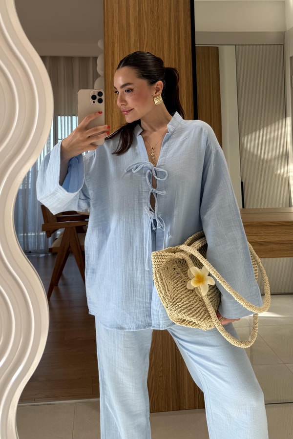 Pixre Bebe Mavi Müslin Bağlamalı Takım