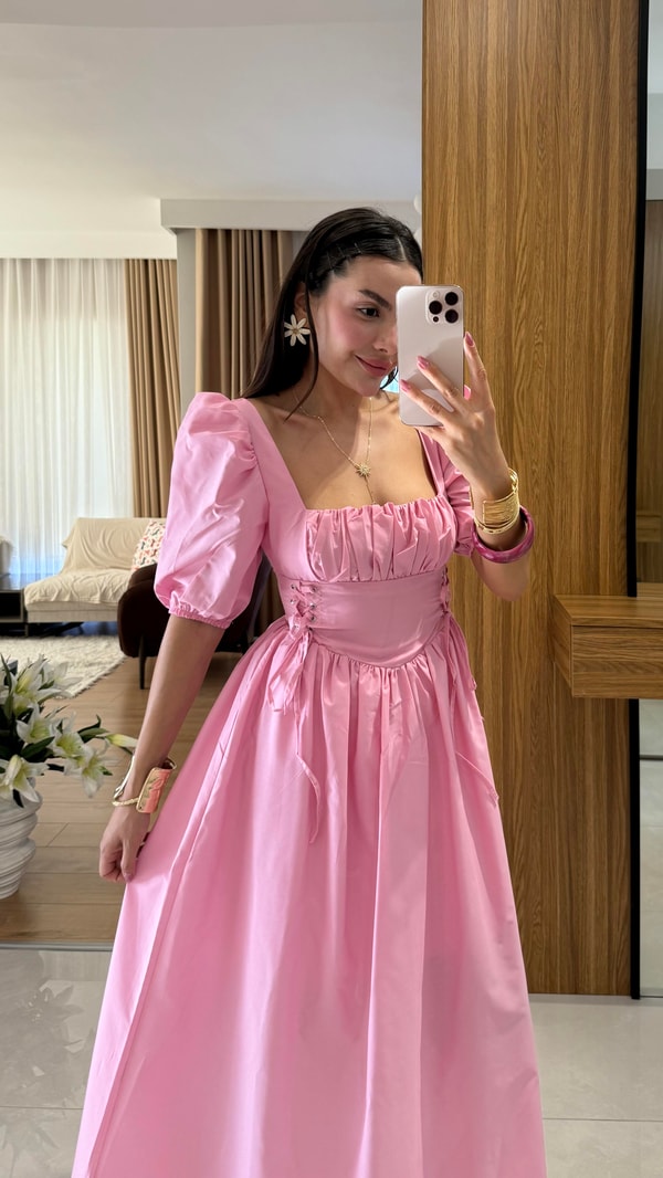 Polina Pembe Kare Yaka Poplin Uzun Elbise