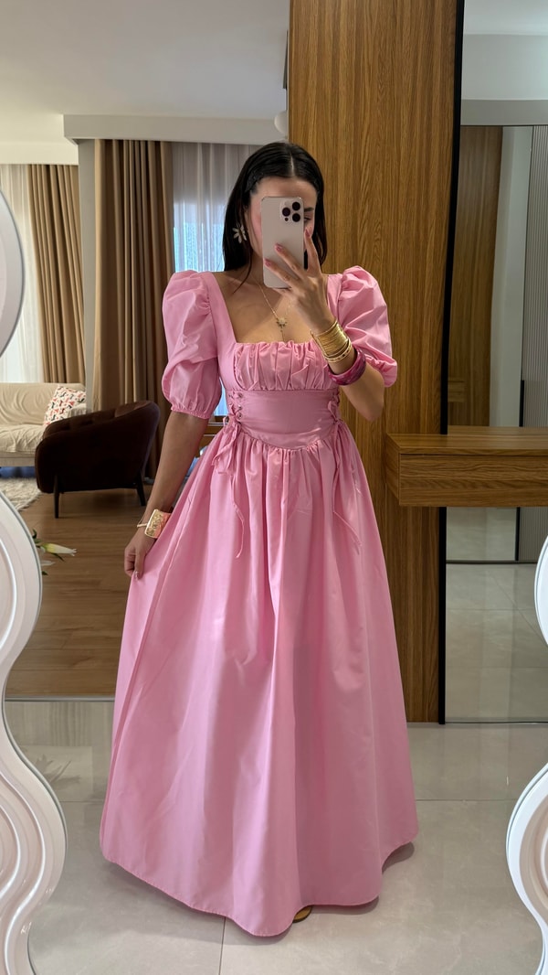 Polina Pembe Kare Yaka Poplin Uzun Elbise