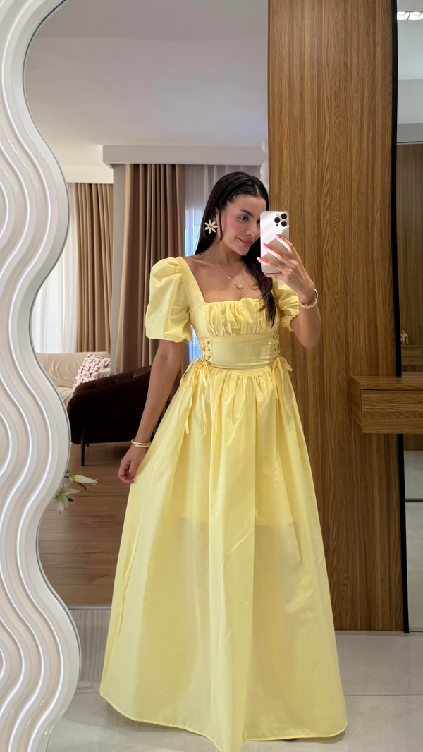 Polina Sarı Kare Yaka Poplin Uzun Elbise