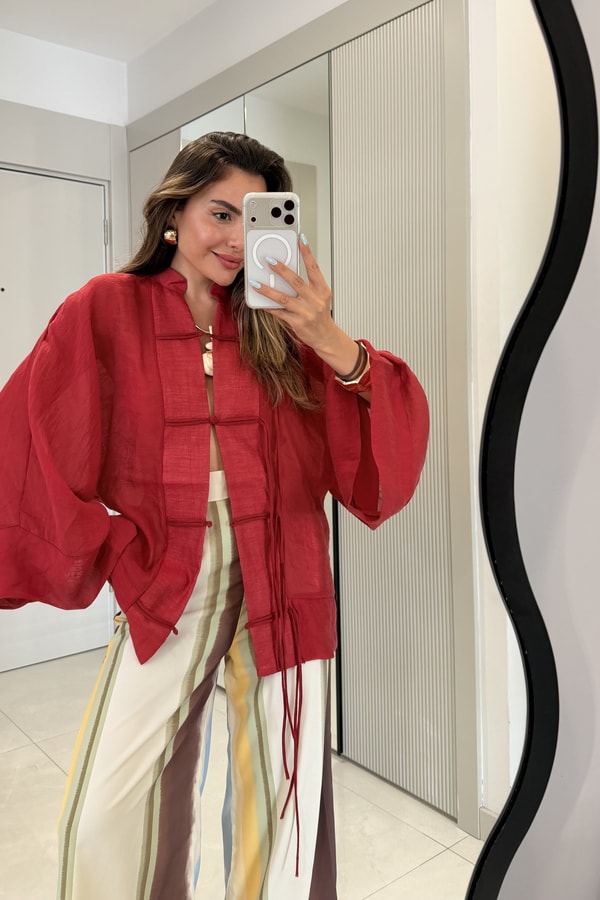 Polivian Kırmızı Tensel Çin Düğmeli Gömlek