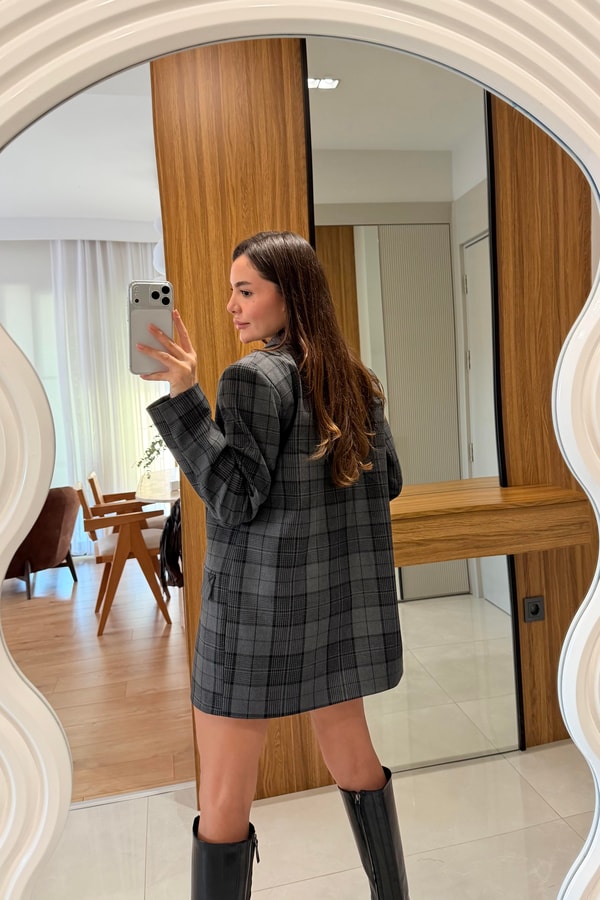 Polly Gri Ekose Vatkalı Ceket Etek Takım