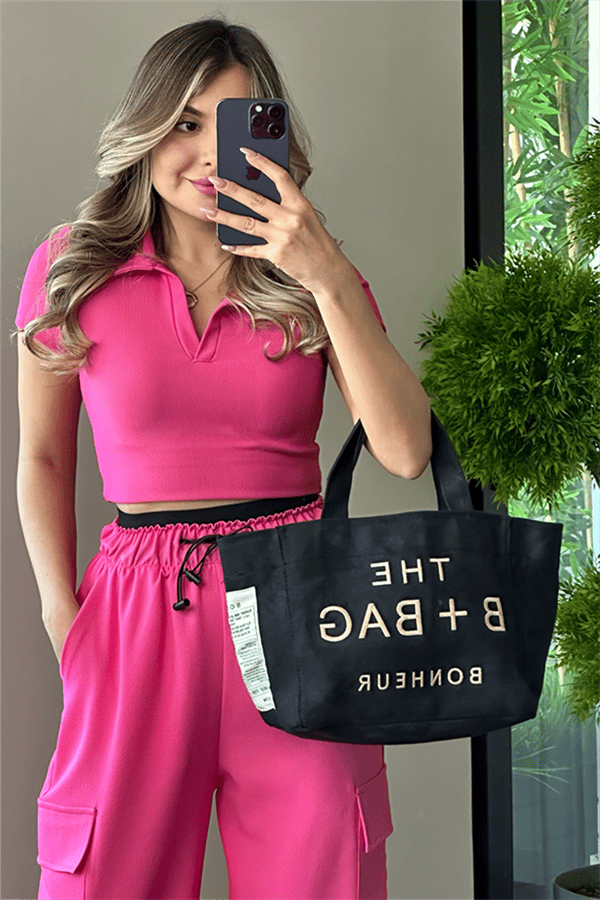 Polo yaka fitilli yarım kol crop - Pembe