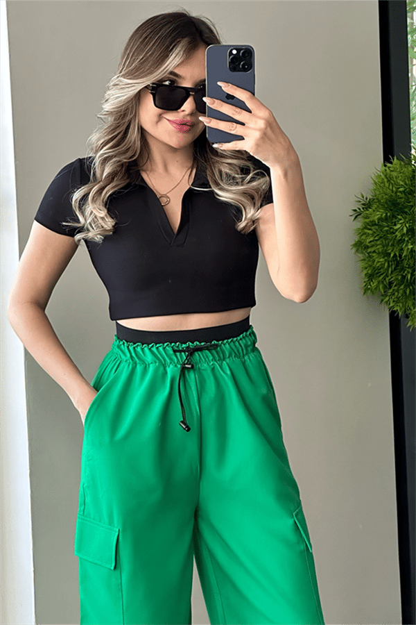 Polo yaka fitilli yarım kol crop - Siyah