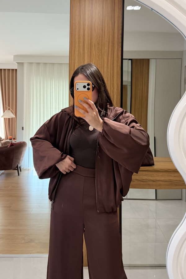Porsha Kahve Saten Bomber Ceket  Pantolon Takım