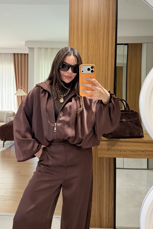 Porsha Kahve Saten Bomber Ceket  Pantolon Takım