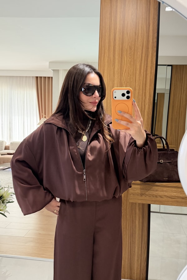 Porsha Kahve Saten Bomber Ceket  Pantolon Takım