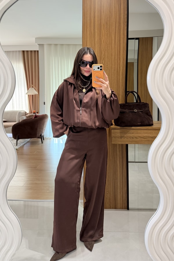 Porsha Kahve Saten Bomber Ceket  Pantolon Takım