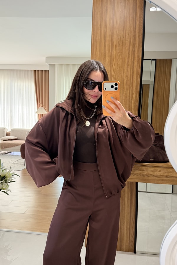 Porsha Kahve Saten Bomber Ceket  Pantolon Takım