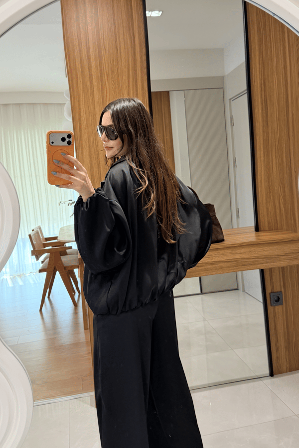 Porsha Siyah Saten Bomber Ceket  Pantolon Takım