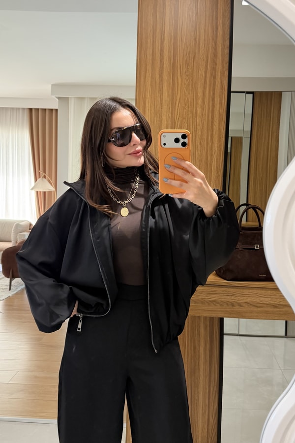 Porsha Siyah Saten Bomber Ceket  Pantolon Takım