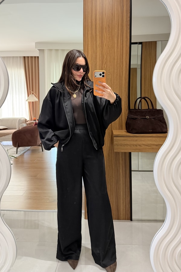 Porsha Siyah Saten Bomber Ceket  Pantolon Takım