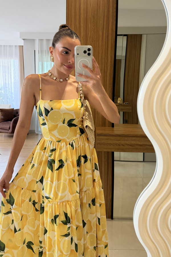 Postina Limon Desenli Askılı Elbise