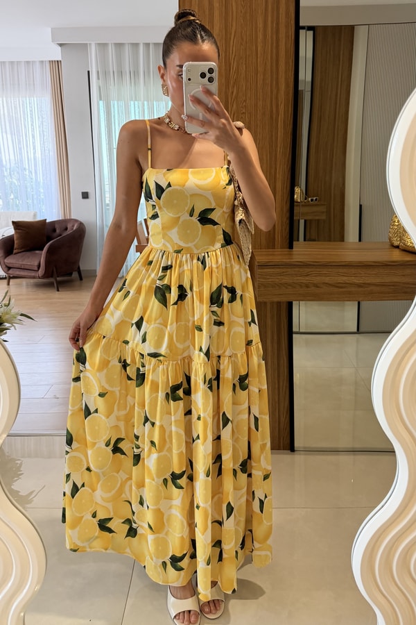 Postina Limon Desenli Askılı Elbise
