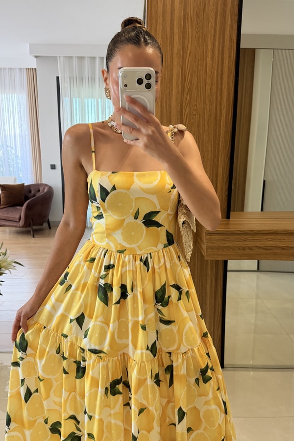 Postina Limon Desenli Askılı Elbise