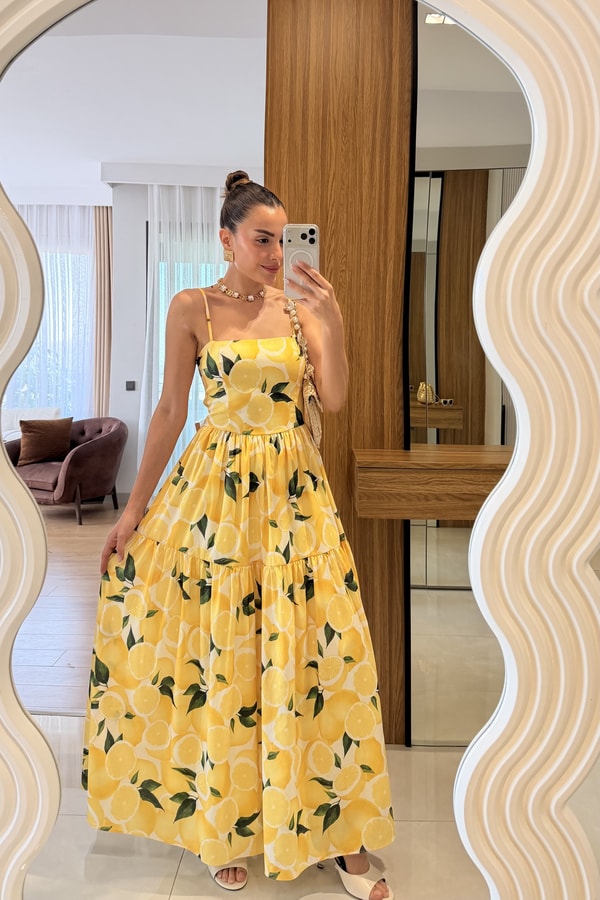 Postina Limon Desenli Askılı Elbise
