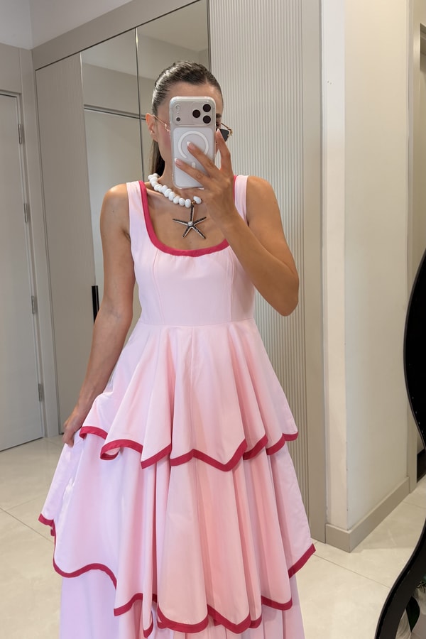 Positano Pembe Tasarım Premium  Kat Kat Elbise