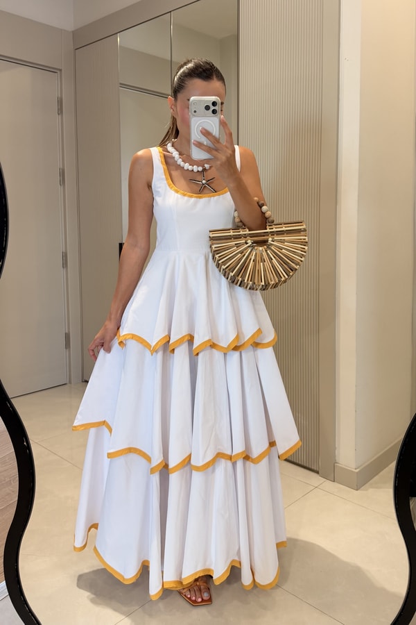 Positano Sarı Tasarım Premium  Kat Kat Elbise