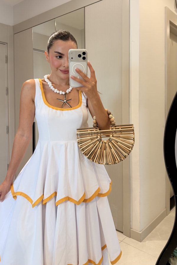Positano Sarı Tasarım Premium  Kat Kat Elbise