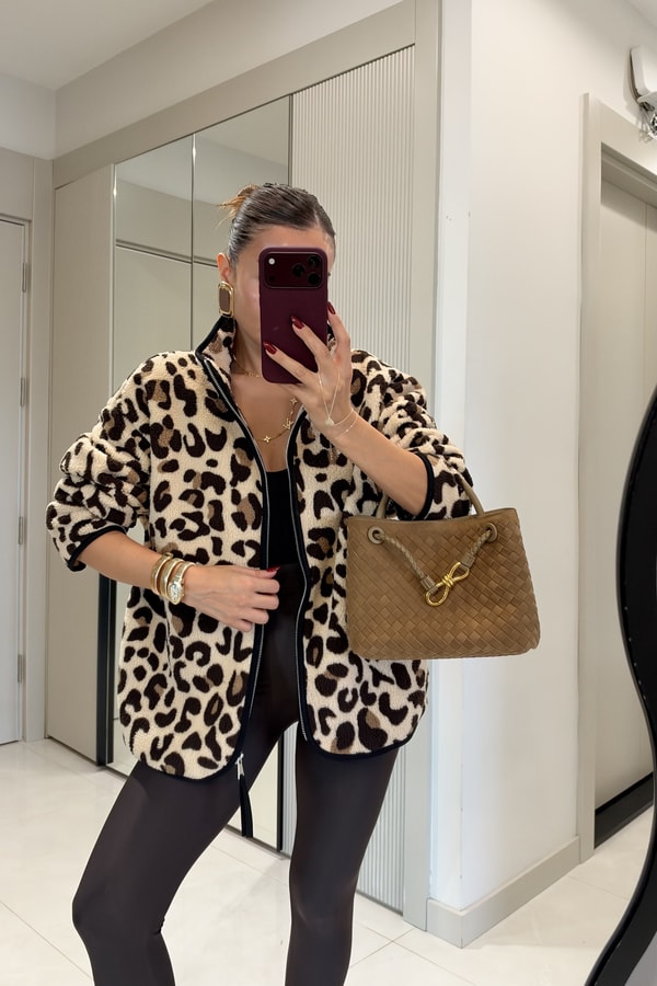 Presy Açık Leopar Teddy Fermuarlı Sweat