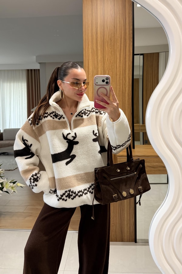 Presy Kahve Çift Geyik Teddy Kazak