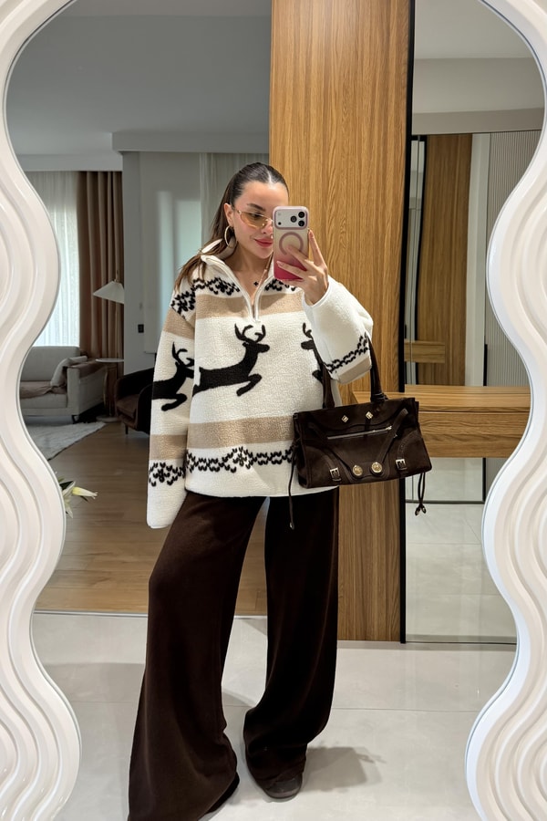 Presy Kahve Çift Geyik Teddy Kazak