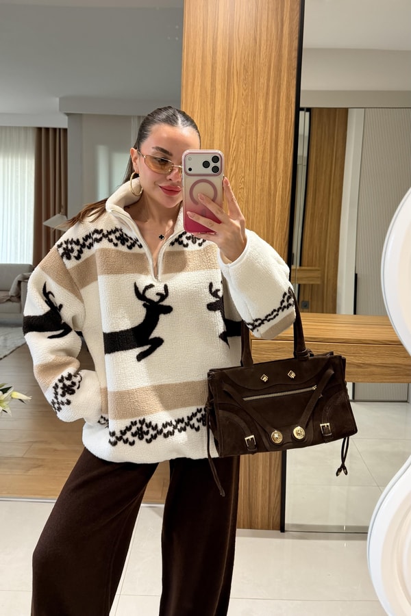 Presy Kahve Çift Geyik Teddy Kazak