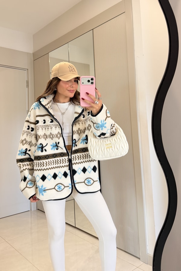 Presy  Kahve Etnik Desen Teddy Fermuarlı Sweat