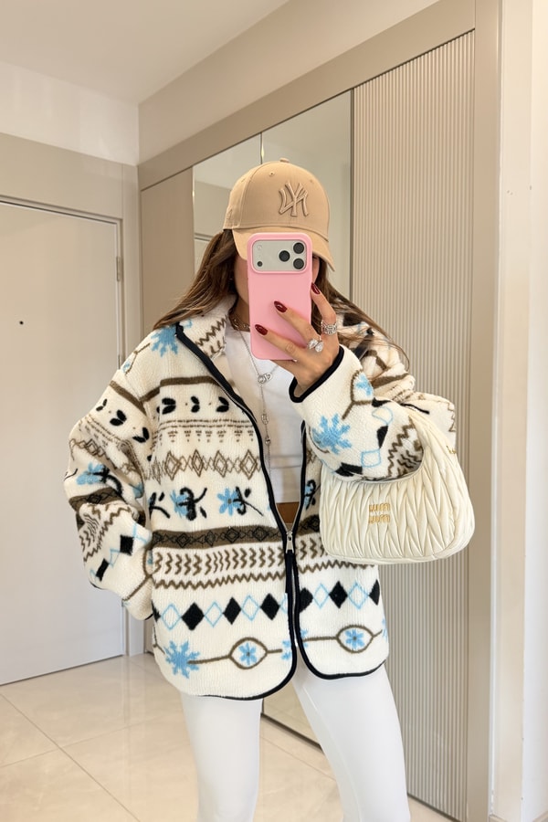 Presy  Kahve Etnik Desen Teddy Fermuarlı Sweat