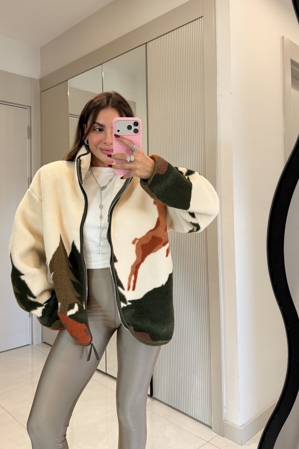 Presy Kiremit Geyikli Teddy Fermuarlı Sweat