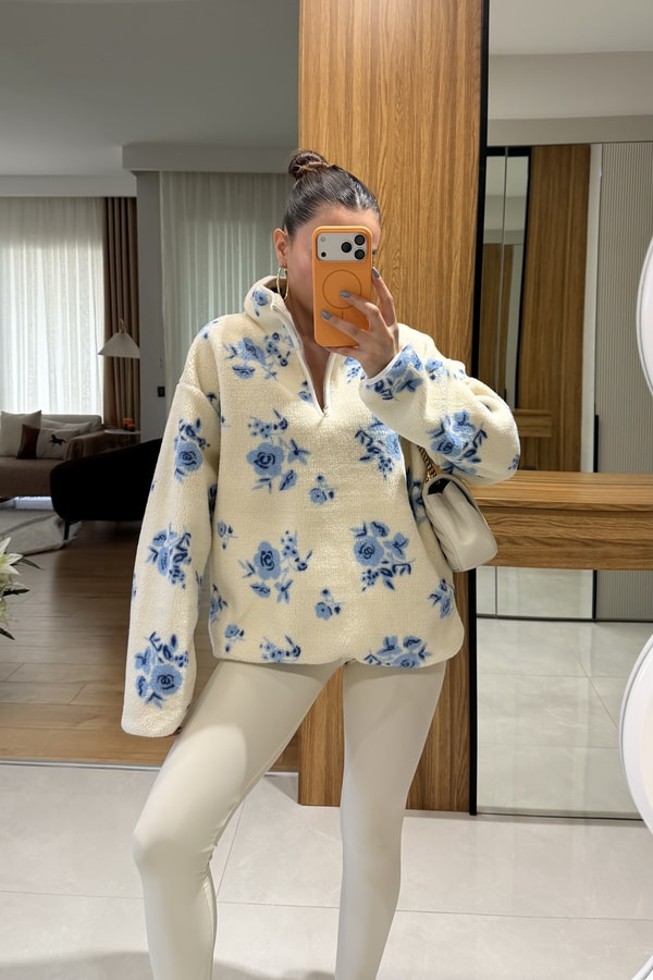 Presy Mavi Gül Desen Teddy Kazak