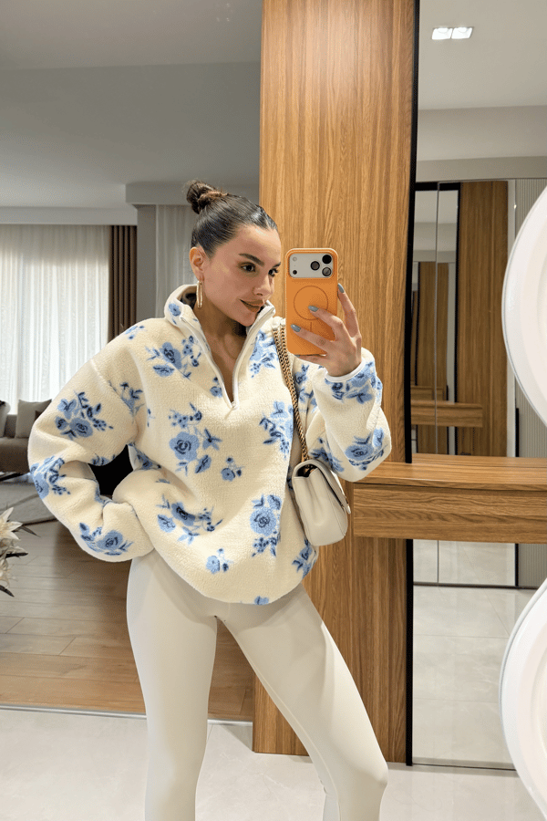 Presy Mavi Gül Desen Teddy Kazak