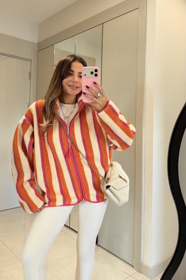 Presy Turuncu Çizgili Teddy Fermuarlı Sweat