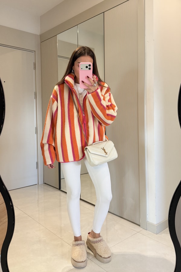 Presy Turuncu Çizgili Teddy Fermuarlı Sweat