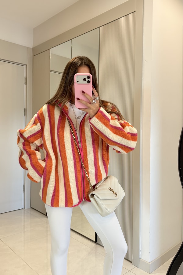Presy Turuncu Çizgili Teddy Fermuarlı Sweat