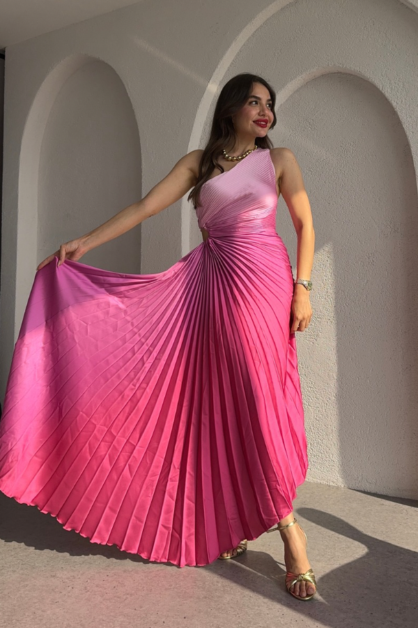 Prettie Tek Omuz Piliseli Asimetrik Elbise-Pembe