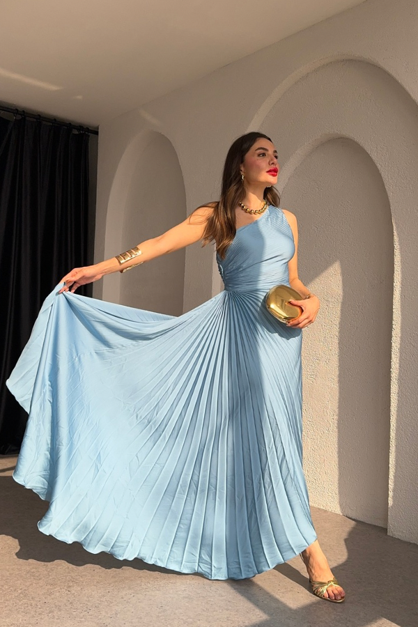 Prettie Tek Omuz Piliseli Asimetrik Elbise-Bebe mavisi 