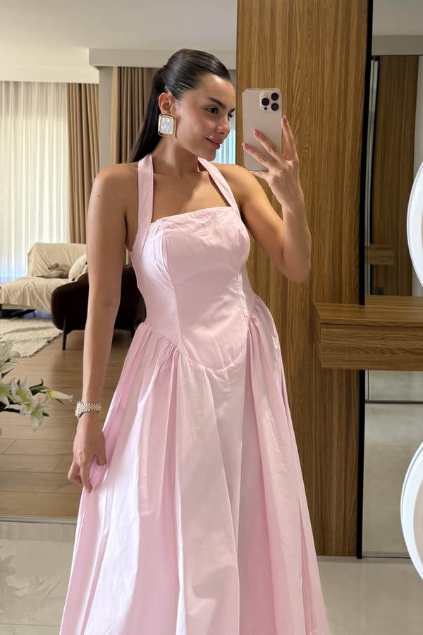 Pretty Pembe Belden Oturtmalı Maxi Elbise