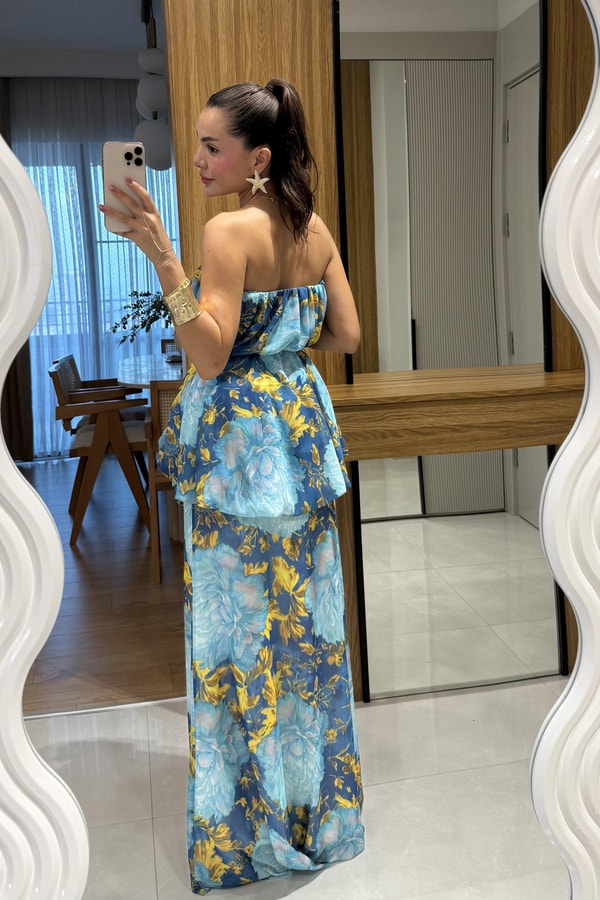 Princes Mavi Çiçek Desenli Katlı Elbise 