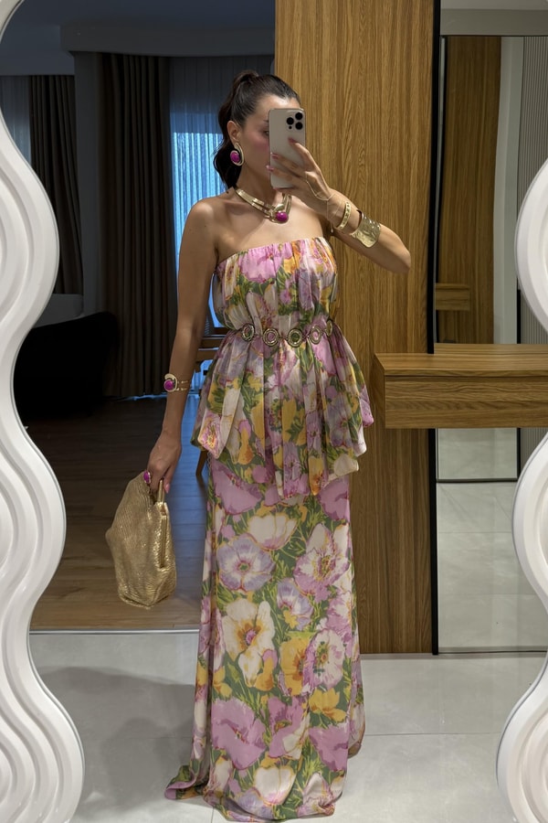 Princes Pembe Çiçek Desenli Katlı Elbise 