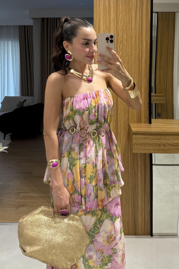 Princes Pembe Çiçek Desenli Katlı Elbise 