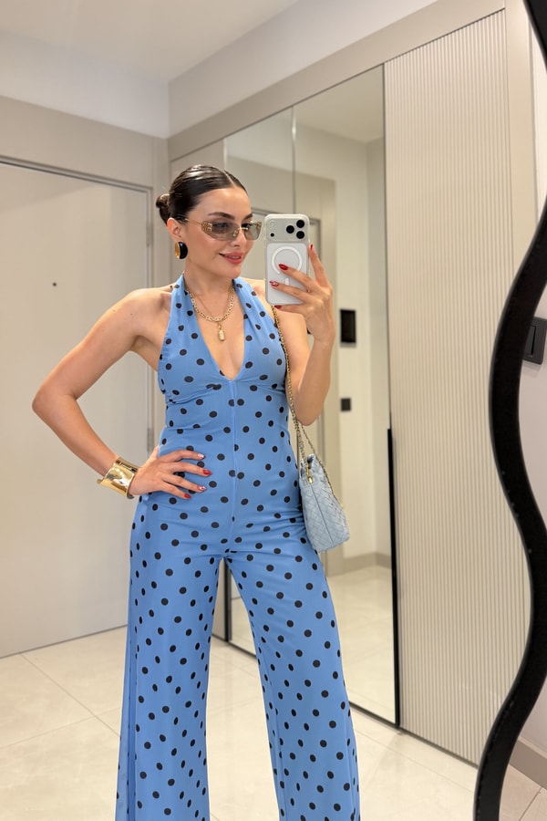 Priya Mavi V Yaka Sırt Dekolteli Tulum