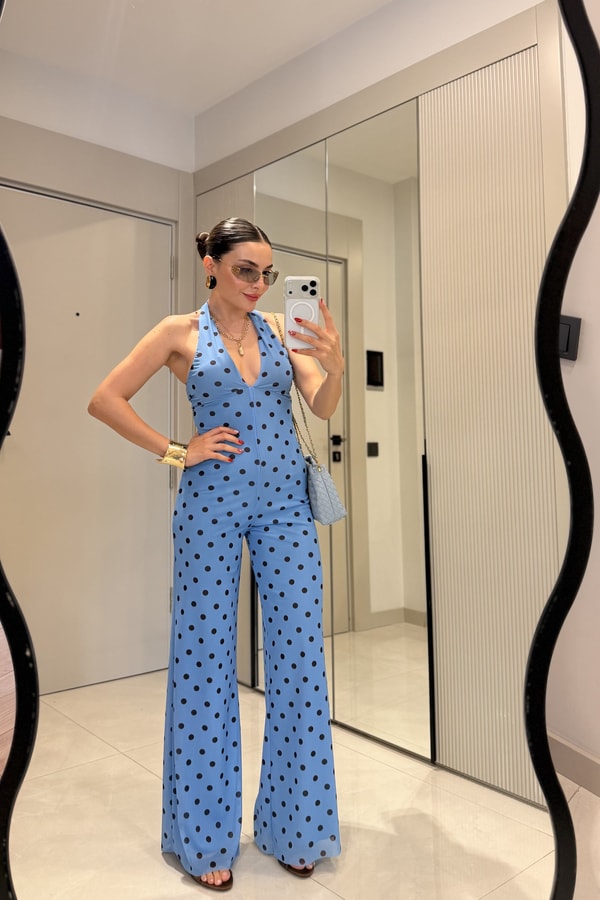 Priya Mavi V Yaka Sırt Dekolteli Tulum