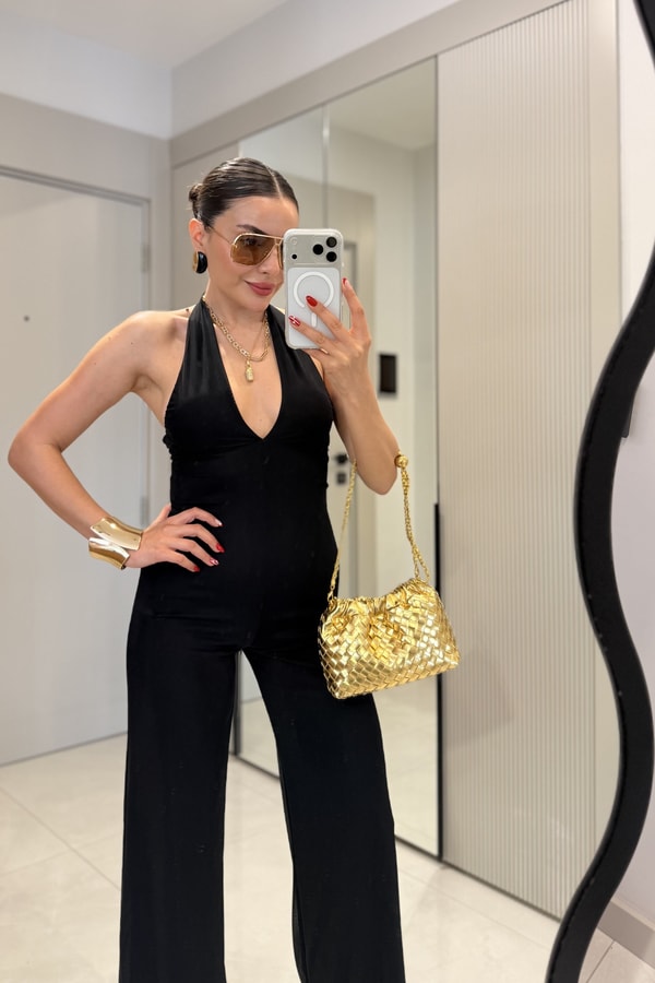 Priya Siyah V Yaka Sırt Dekolteli Tulum