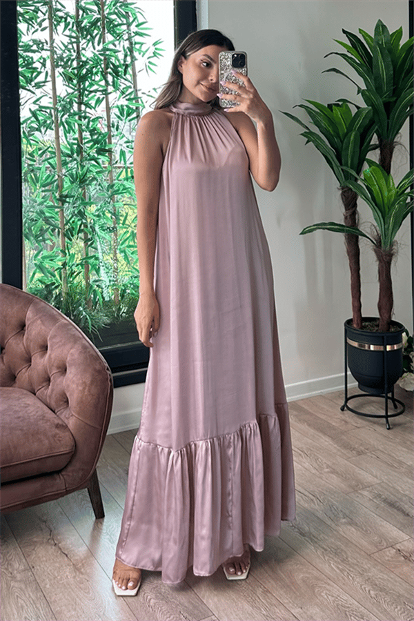 Pudra pembe maxi saten elbise