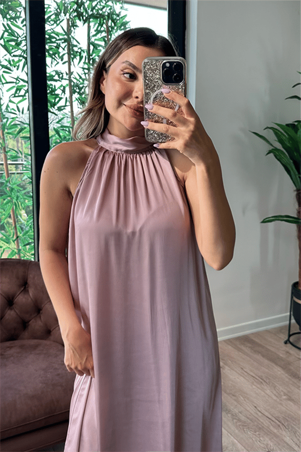 Pudra pembe maxi saten elbise