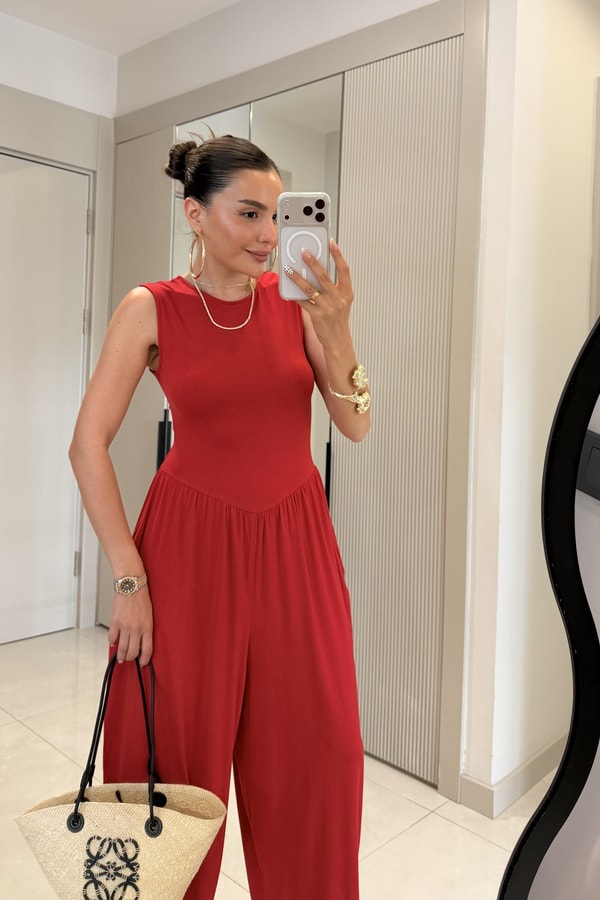 Puenza Kırmızı Modal Salaş Kesim Kolsuz Tulum