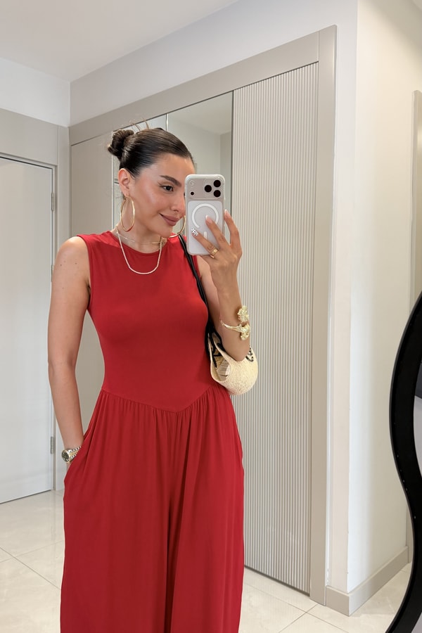 Puenza Kırmızı Modal Salaş Kesim Kolsuz Tulum