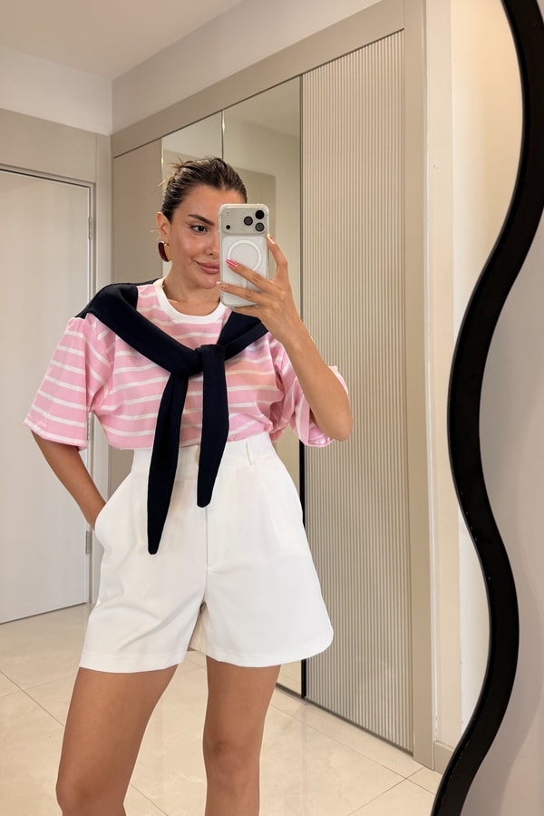 Puerta Pembe Üstü Lacivert Bağlamalı Tshirt