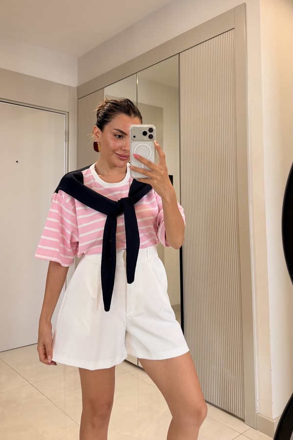 Puerta Pembe Üstü Lacivert Bağlamalı Tshirt